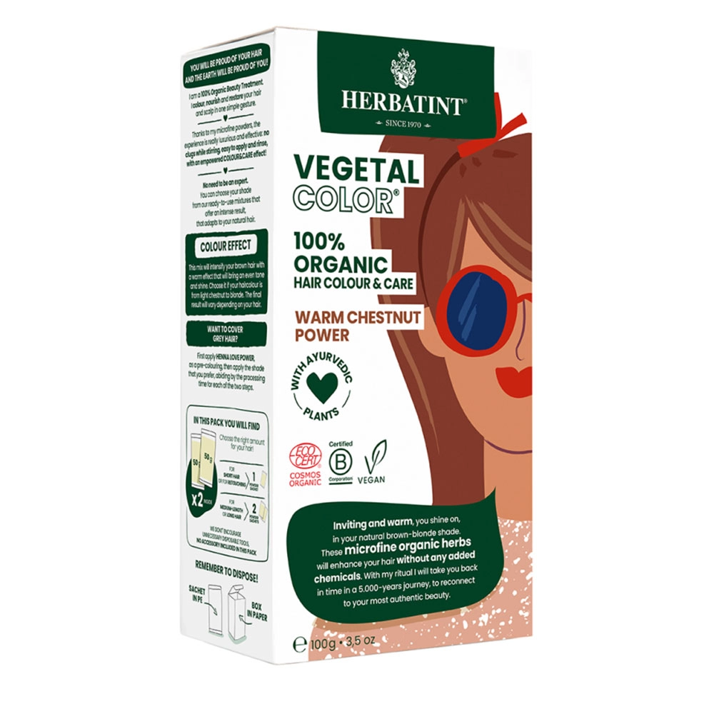 Farba do Włosów Vegetal Color 100% ORGANIC Warm Chestnut Power - Ciepły Brąz | Herbatint