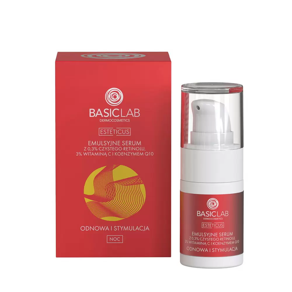 Emulsyjne serum z 0,3% czystego retinolu, 3% witaminą C i koenzymem Q10 | BasicLab